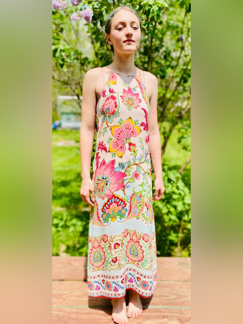 Zara Retro Design Pink Spaghetti Strap Floral Maxi Dress with Multicolor Print M